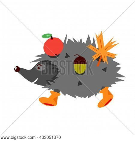 Illustration Of A Hedgehog With Autumn Harvest. Hedgehog In Orange Rubber Boots. The Hedgehog Carrie