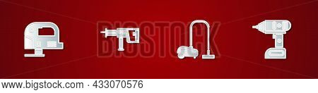 Set Electric Jigsaw, Rotary Hammer Drill Machine, Vacuum Cleaner And Cordless Screwdriver Icon. Vect
