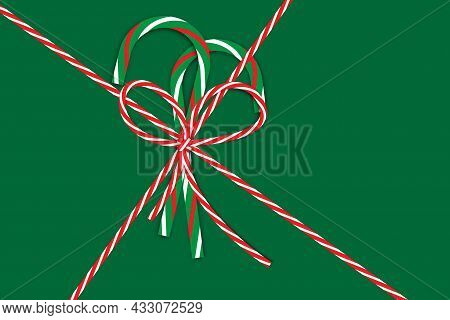 Peppermint Christmas Candy Canes With Big Red And White Bow . Holidays Season. Vector Illustration. 