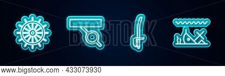 Set Line Ship Steering Wheel, Pirate Eye Patch, Sword And Sunken Ship. Glowing Neon Icon. Vector