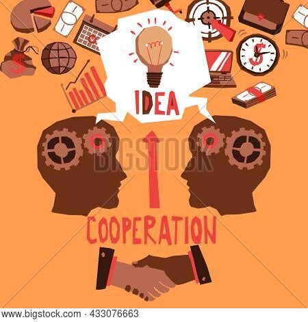 Cooperation Concept With Businessmen Heads And Business Sketch Icons Vector Illustration