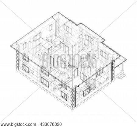 Residential Building Technical Drawing. Vector Rendering Of 3d. Wire-frame Style. The Layers Of Visi