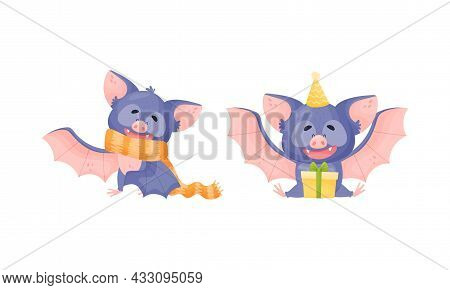 Funny Purple Bat Character Wearing Scarf And Sitting With Gift Box Vector Set