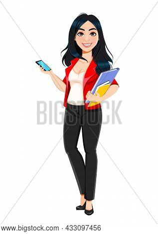Business Woman, Manager, Banker, Beautiful Successful Girl. Businesswoman Cartoon Character Holding 