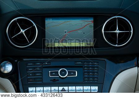 Dnepropetrovsk, Ukraine - 08.24.2021: Photos Of Mercedes Benz Sl550 Convertible. Dashboard View. Det