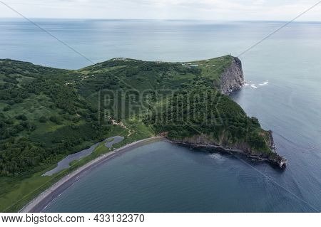Aerial Drone Photo Of Mayachny Cape On Kamchatka Peninsula On Picturesque Avacha Bay Coast Covered B