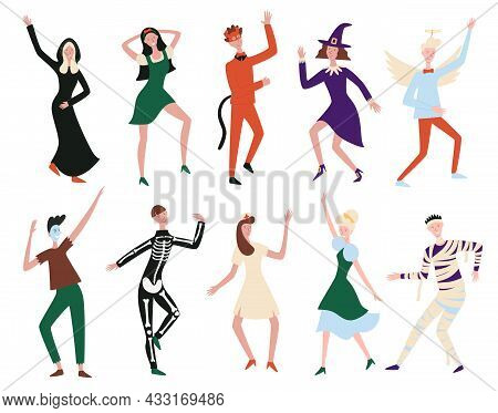 People Dancing At The In Costumes Of Halloween Characters. Vector Holiday Characters