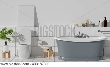 Modern And Clean Bathroom Interior With Stylish Bathtub, Toilet Bowl, Toiletries And White Tiles