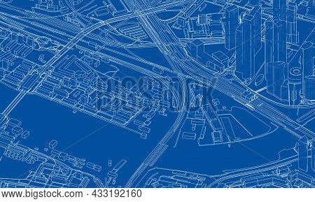 Urban Modern Landscape. Vector Rendering Of 3d. Wire-frame Style. The Layers Of Visible And Invisibl
