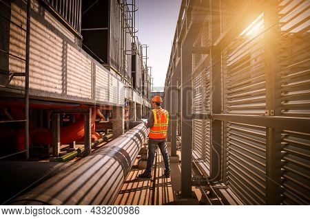 Engineer Under Checking The Industry Cooling Tower Air Conditioner Is Water Condenser Cooling Tower 