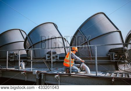 Engineer Under Checking The Industry Cooling Tower Air Conditioner Is Water Condenser Cooling Tower 