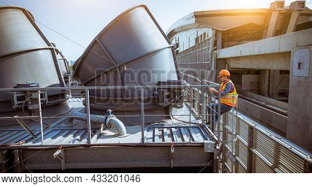 Engineer Under Checking The Industry Cooling Tower Air Conditioner Is Water Condenser Cooling Tower 