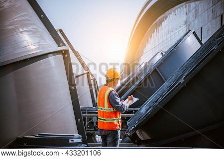 Engineer Under Checking The Industry Cooling Tower Air Conditioner Is Water Condenser Cooling Tower 