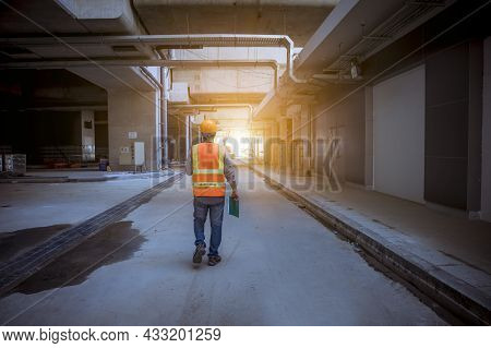 Engineer railway under  checking construction process train testing and checking railway work on rai