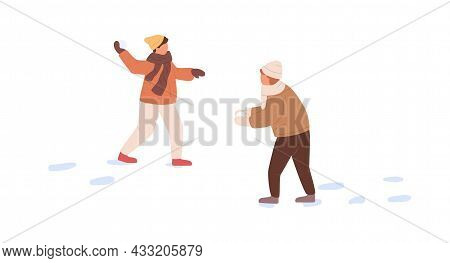 Children At Snowball Fight On Winter Holidays. Kids Having Fun, Making, Sculpting And Throwing Snow 