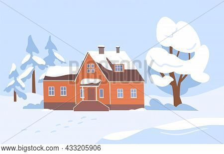 Village House And Trees Covered With Snow. Wintery Country Landscape With Wood Home In Serene Nature