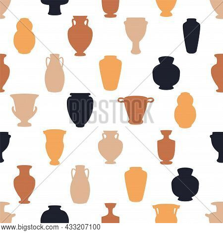 Antic Vase Pattern. Seamless Cartoon Trendy Abstract Vessels Jugs And Pots Of Ceramic. Vector Print 