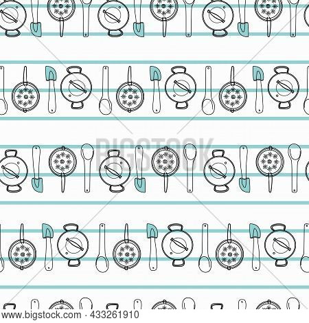 Vector Stripes Kitchen Utensils Doodle Background Pattern