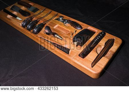 Exclusive Handmade Leather Craft Tools. Close Up Of Different Tanner Tools On Wooden Box. Set Of Dif