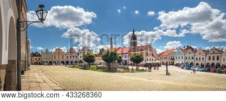 Telc, Czech Republic - 07 06 2021: The Main Square - Zacharias Of Hradec Square With The Marian Plag