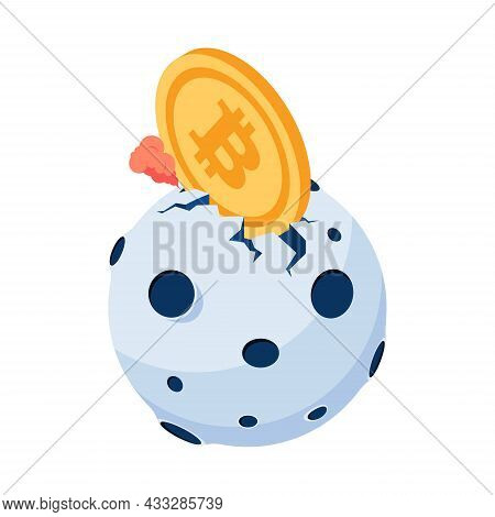Flat 3d Isometric Bitcoin Crashing On The Moon. Bitcoin Price Rising Up To All Time High Ath Concept