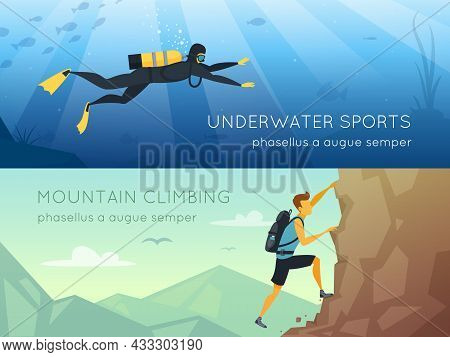 Extreme Sports 2 Flat Horizontal Banners Banners With Underwater Diving And Mountains Rock Climbing 
