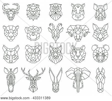 Polygonal Geometric Linear Animal Fox, Deer, Bear Portraits. Animals Heads, Owl, Lion, Zebra And Mon