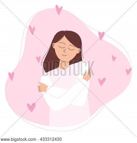 Woman Hugging Herself With Hearts On Background. Pastel Cute Soft Colors. Love Yourself Concept. Tak
