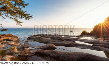 Unique Rock Formation At Sandcut Beach On The West Coast Of Pacific Ocean. Summer Sunny Sunset. Cana