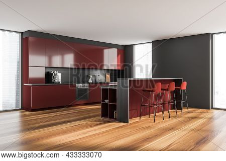 Corner View On Red Bright Kitchen Room Interior With Panoramic Window, Bar Counter And Three Barstoo