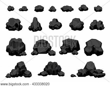 Cartoon Mine Black Coal Pieces And Piles, Burning Material. Charcoal Lumps For Fire, Natural Energy 