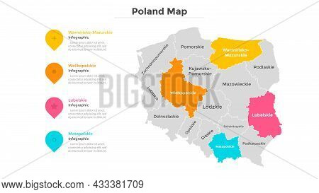 Poland Map Divided Into Federal States. Territory Of Country With Regional Borders. Polish Administr