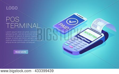 Isometric Mobile Payment Pos Terminal - Cardless Nfc Wifi Payment Concept, Vector Illustration Landi