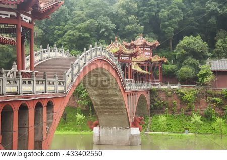 The Landmark Haoshang Bridge Over The Mahao River Within The Leshan Grand Buddha Scenic Area In Sich