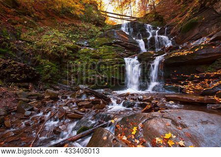 Shypot Waterfall Among The Rock In Evening Light. Beautiful Autumnal Nature Scenery In The Forest. W