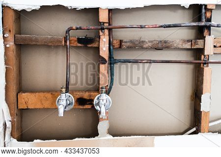 Laundry Room Renovation With Plaser Walls Interior Exposed With Taps And Copper Pipes, Home Renovati