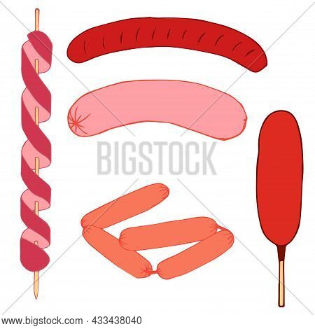 Set Of Sausages In Cartoon Style. Food. Vector Stock Illustration Isolated On White Background.