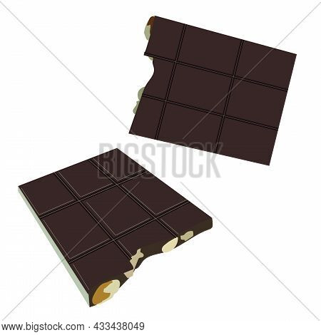 Broken Bar Of Chocolate With Nuts. Vector Stock Illustration Isolated On White Background.