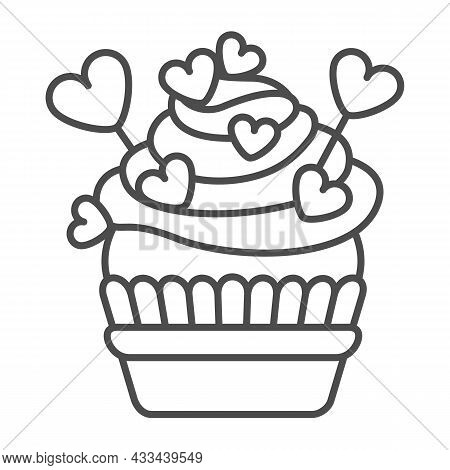 Cupcake With Frosting, Heart On Stick And Sprinkles Thin Line Icon, Pastry Concept, Muffin Vector Si
