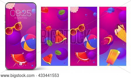 Smartphone Lock Screens, Mobile Phone Onboard Pages, Wallpaper With Ice Cream, Fresh Fruits, Beach I