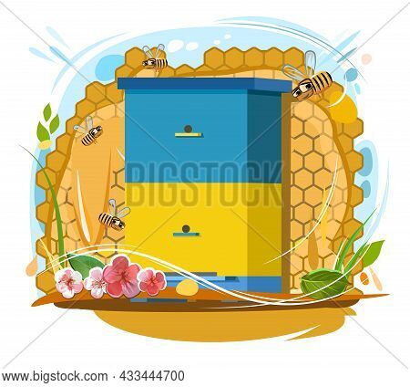 Apiary. Rural Farm Landscape With Bee Hive In A Summer Meadow. Bee Honeycomb. Brand Label. Isolated 