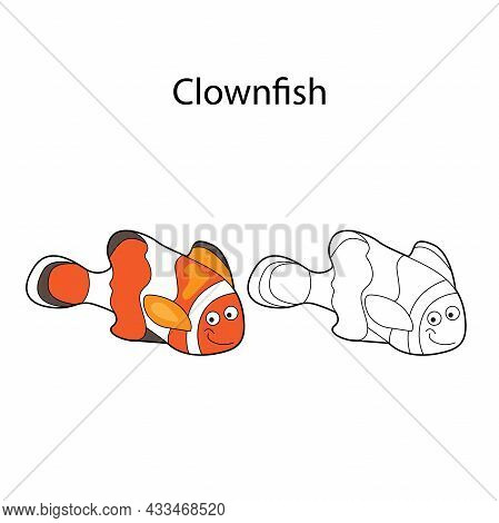 Funny Cute Clownfish Isolated On White Background. Linear, Contour, Black And White And Colored Vers