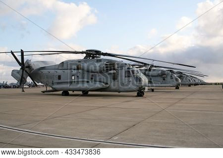 Us Marines Ch-53e Super Stallion Military Helicopter On Its Homebase At Miramar Air Station. Califor