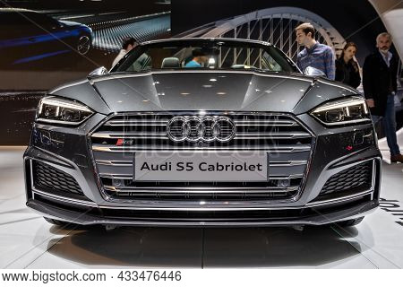 Audi S5 Cabriolet Car Showcased At The Brussels Expo Autosalon Motor Show. Belgium - January 19, 201