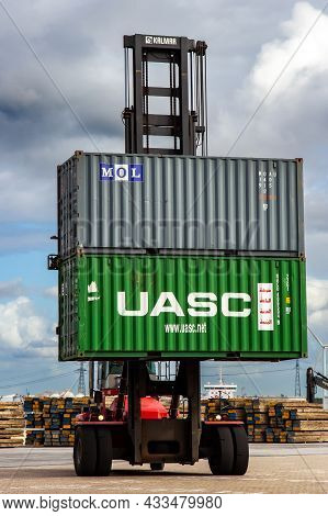 Mobile Container Handler In Action At A Container Terminal In The Port Of Rotterdam. September 6, 20