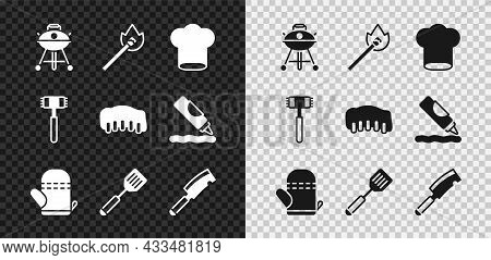 Set Barbecue Grill, Burning Match With Fire, Chef Hat, Oven Glove, Spatula, Meat Chopper, Kitchen Ha