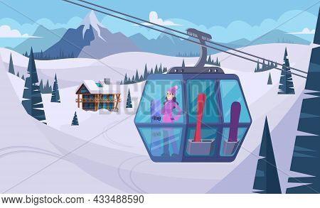 Ski Resort Background. Snow Winter Vacation Sport Skiing Activities Hotel In Mountain Tracks Exact V