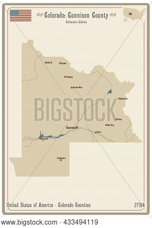 Map On An Old Playing Card Of Gunnison County In Colorado, Usa.