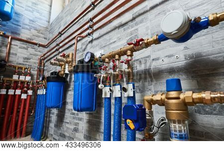 Plumbing service. pipeline with filtraters and leakage protecting equipmentin boiler room