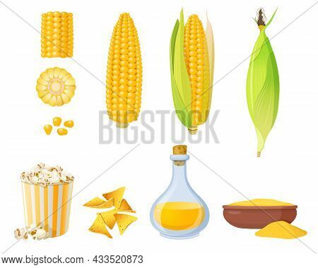 Ear Of Corn In Leaves, Corn Grits Polenta, Corn Oil And Popcorn. Cartoon Corn Food Elements. Vector 